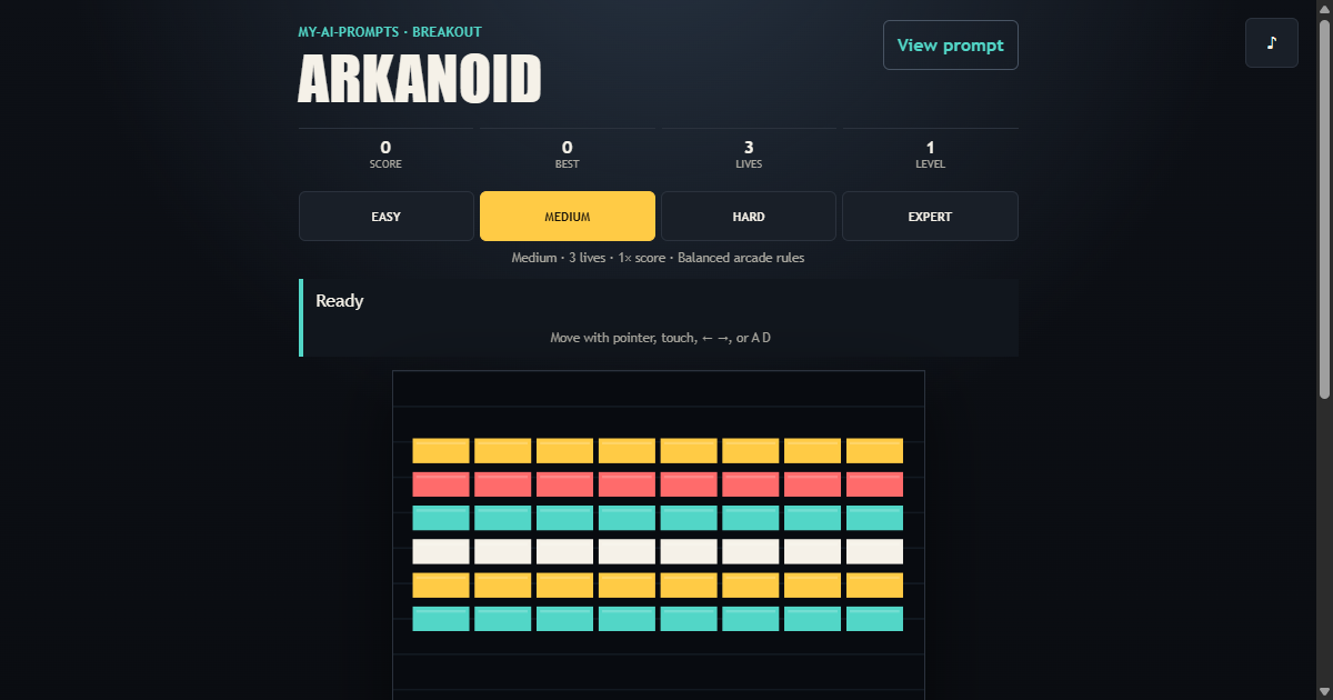 Arkanoid working browser example