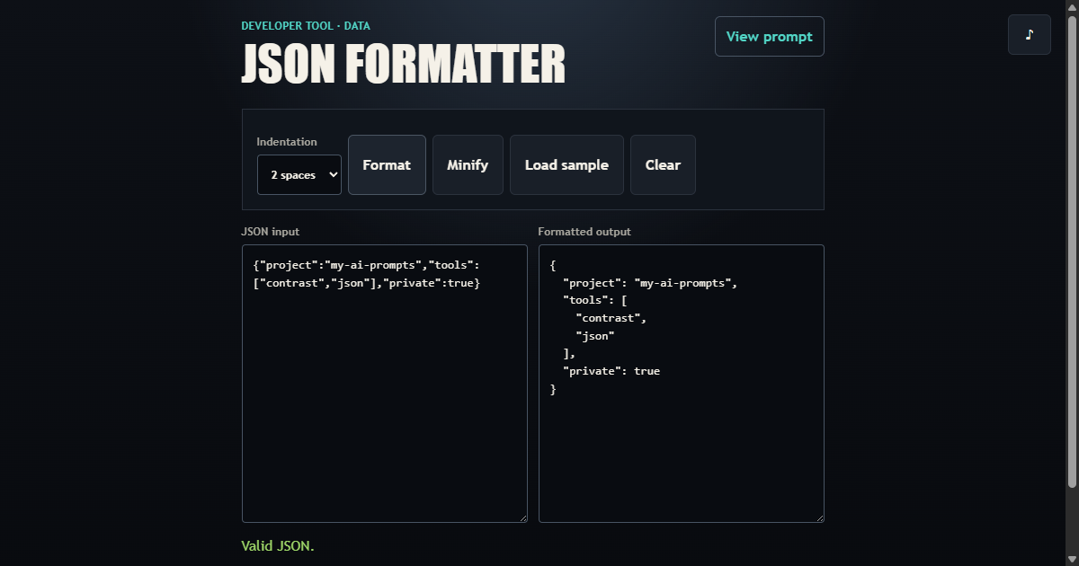 JSON Formatter and Validator working browser example